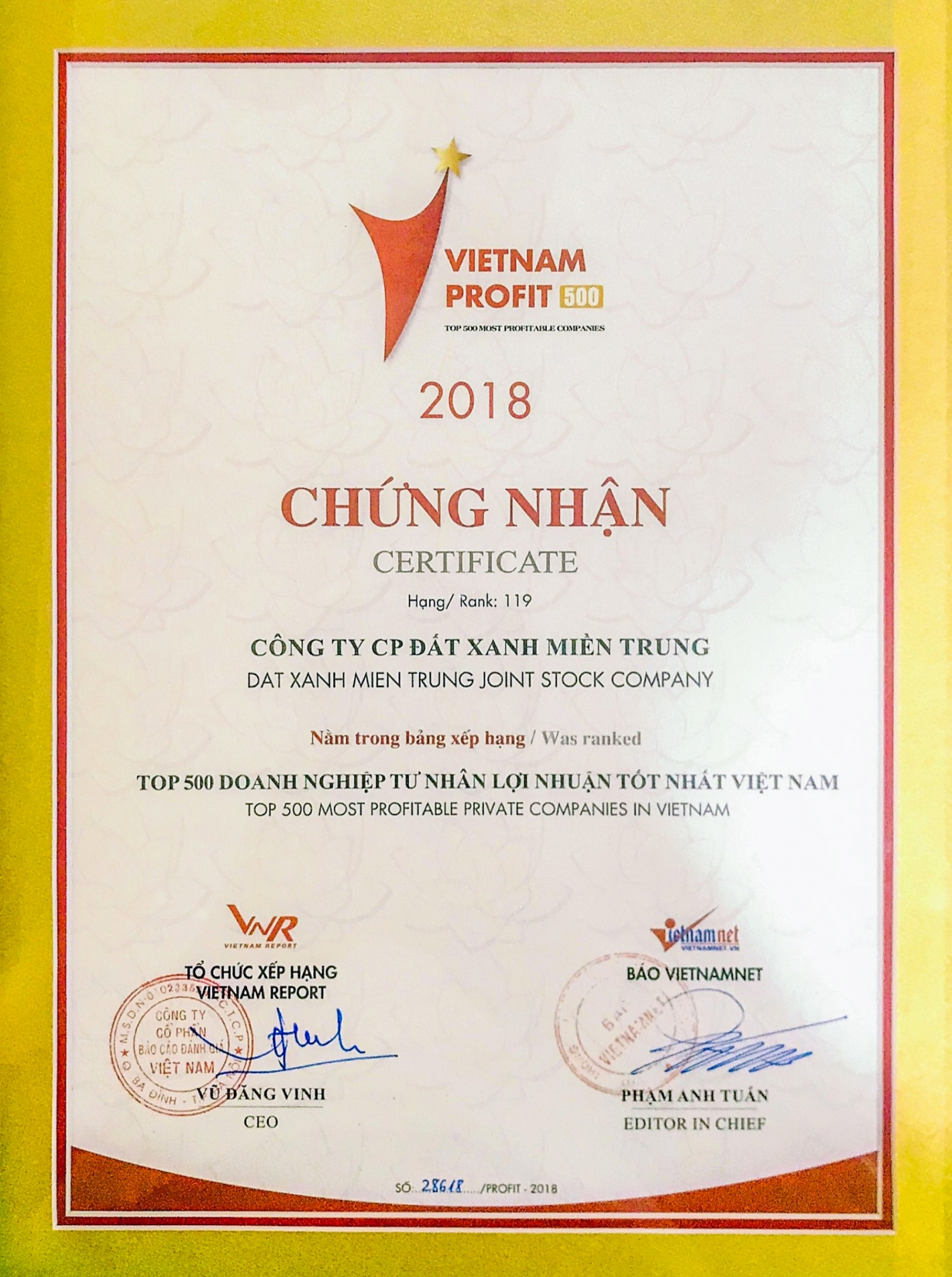 Đất Xanh Miền Trung lọt Top 500 doanh nghiệp lợi nhuận tốt nhất